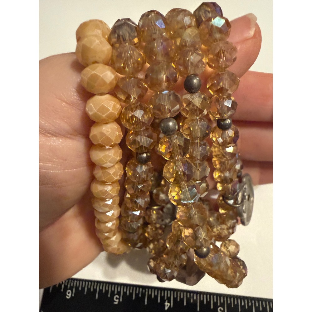 Brighton Beaded Stretch Bracelet Set Amber Champagne Heart Charms 5 Piece‎